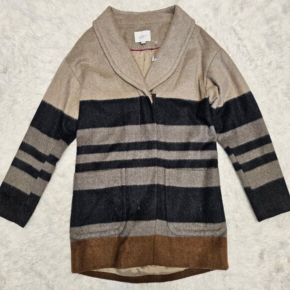 Ann Taylor-Loft Women's Tan Black Stripe Wool Blend Jacket - Picture 2 of 8